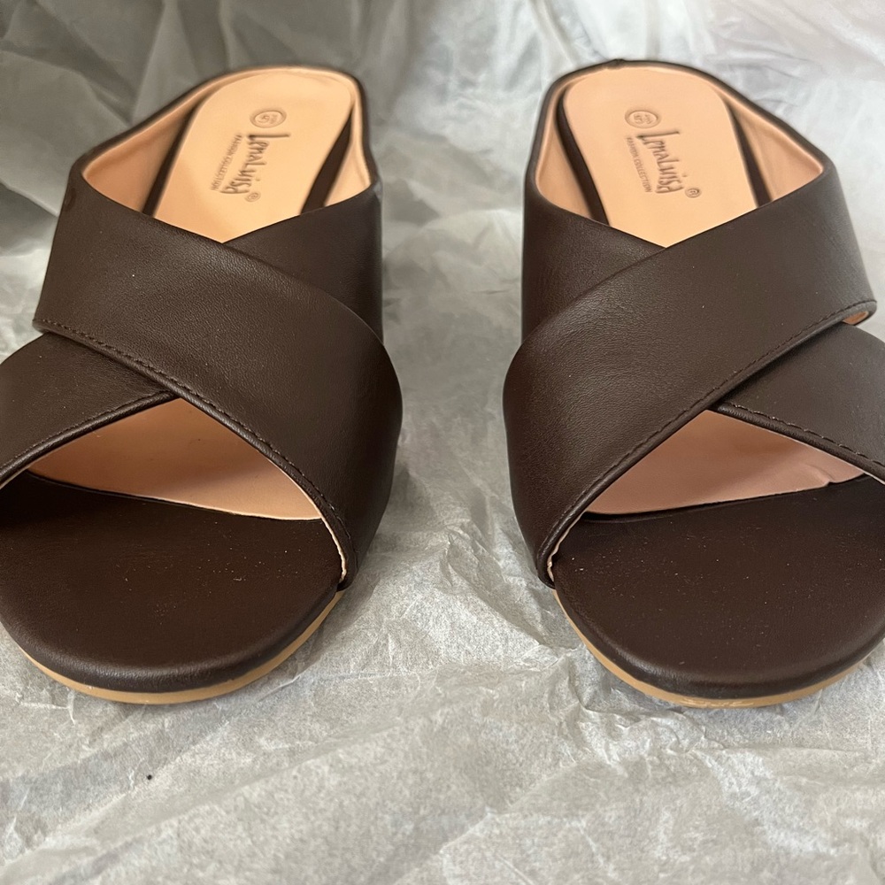 Women's Brown Leather Crossover Slip On Wedge Slide Sandals NWOB